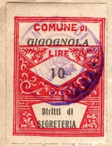 Marca da Bollo del Comune di CIGOGNOLA su Carta Bianca Sottile di dimensioni 22 x 28,5 mm