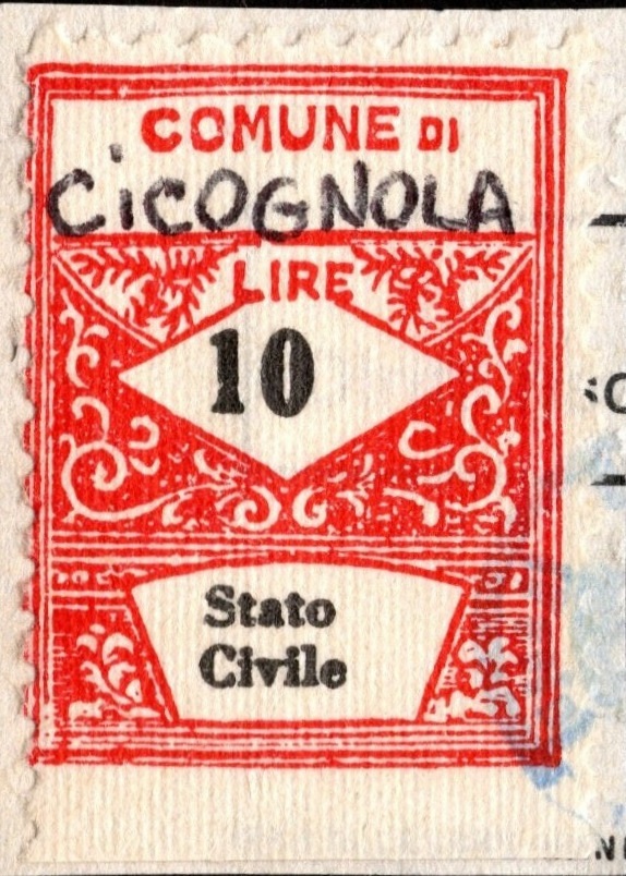 Marca da Bollo del Comune di CIGOGNOLA su Carta Bianca Sottile di dimensioni 22 x 28,5 mm