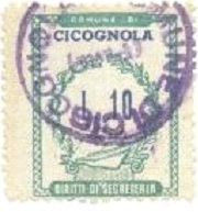 Marca da Bollo del Comune di CIGOGNOLA su Carta Bianca Sottile di dimensioni 21,5 x 28,5 mm
