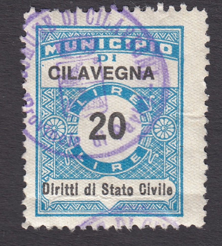 Marca da Bollo del Comune di CILAVEGNA su Carta Bianca Sottile di dimensioni 22 x 29 mm