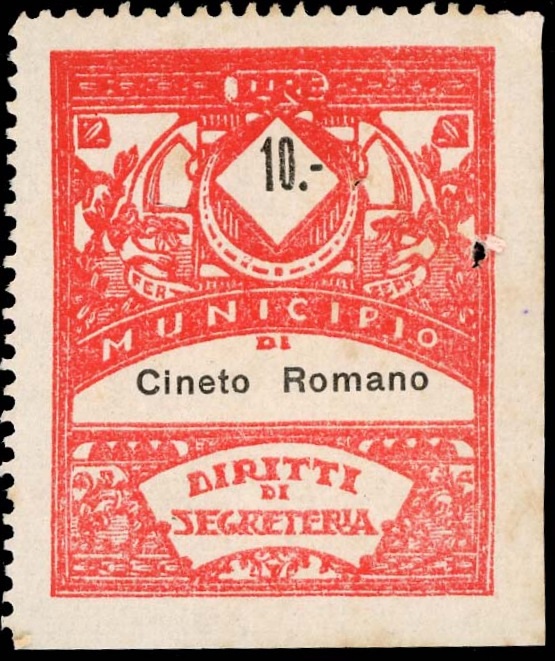 Marca da Bollo del Comune di CINETO ROMANO su Carta Bianca Sottile di dimensioni 21,5 x 28,5 mm