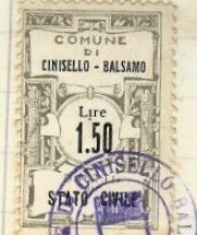 Marca da Bollo del Comune di CINISELLO BALSAMO su Carta Bianca Sottile di dimensioni 22,5 x 32 mm