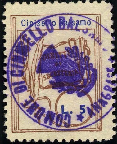 Marca da Bollo del Comune di CINISELLO BALSAMO su Carta Bianca di dimensioni 22 x 26 mm