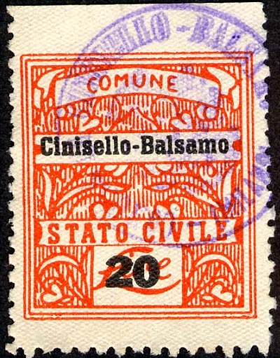 Marca da Bollo del Comune di CINISELLO BALSAMO su Carta Bianca di dimensioni 23,5 x 26,5 mm