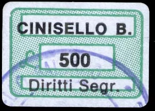 Marca da Bollo del Comune di CINISELLO BALSAMO su Carta Bianca di dimensioni 18,5 x 12,5 mm