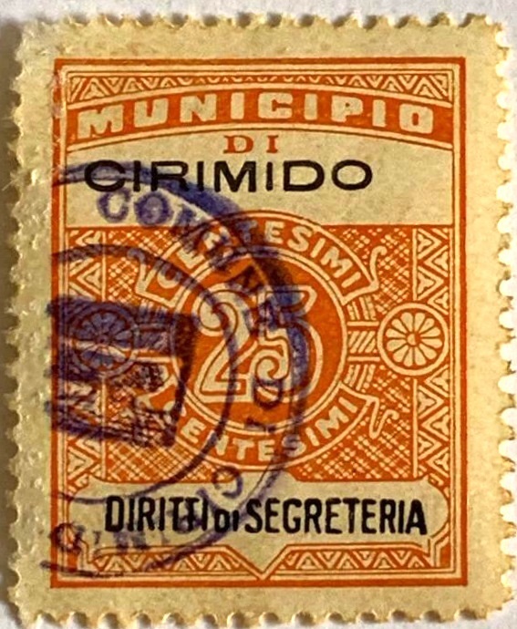 Marca da Bollo del Comune di CIRIMIDO su Carta Bianca di dimensioni 22,5 x 28,5 mm