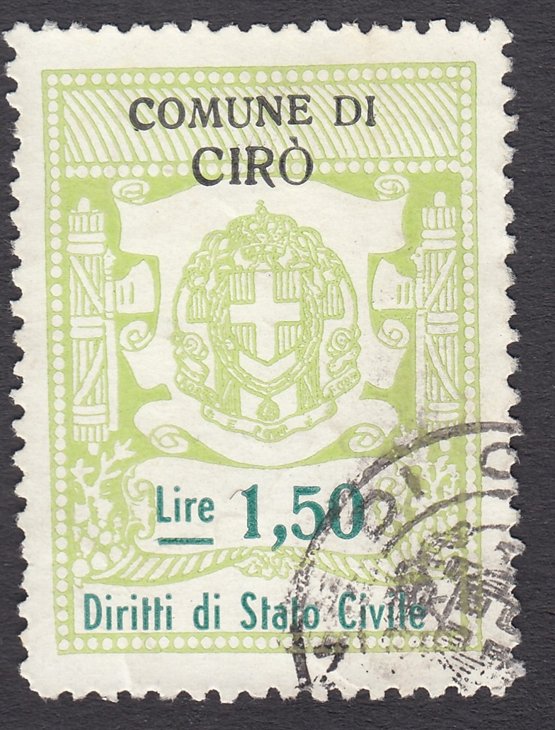 Marca da Bollo del Comune di CIRO´ su Carta Bianca Sottile di dimensioni 25 x 34 mm