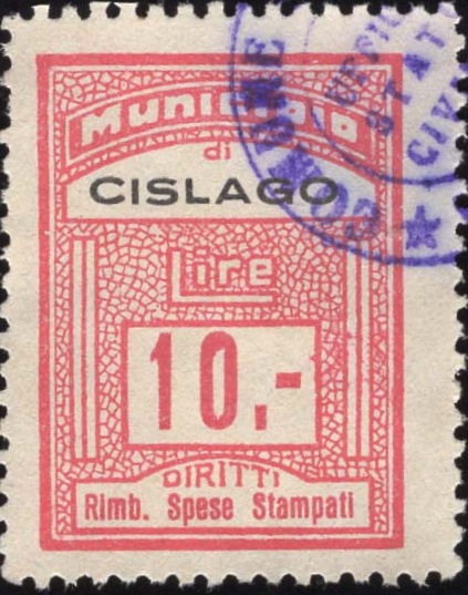 Marca da Bollo del Comune di CISLAGO su Carta Bianca di dimensioni 22,5 x 29 mm