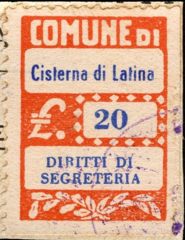 Marca da Bollo del Comune di CISTERNA DI LATINA su Carta Bianca di dimensioni 24,5 x 31,5 mm