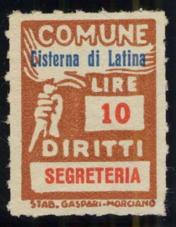 Marca da Bollo del Comune di CISTERNA DI LATINA su Carta Bianca di dimensioni 18 x 26 mm
