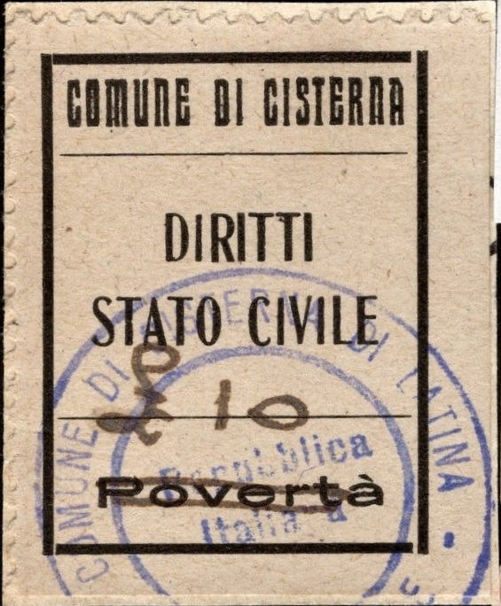 Marca da Bollo del Comune di CISTERNA DI LATINA su Carta Bianca di dimensioni 21 x 29 mm
