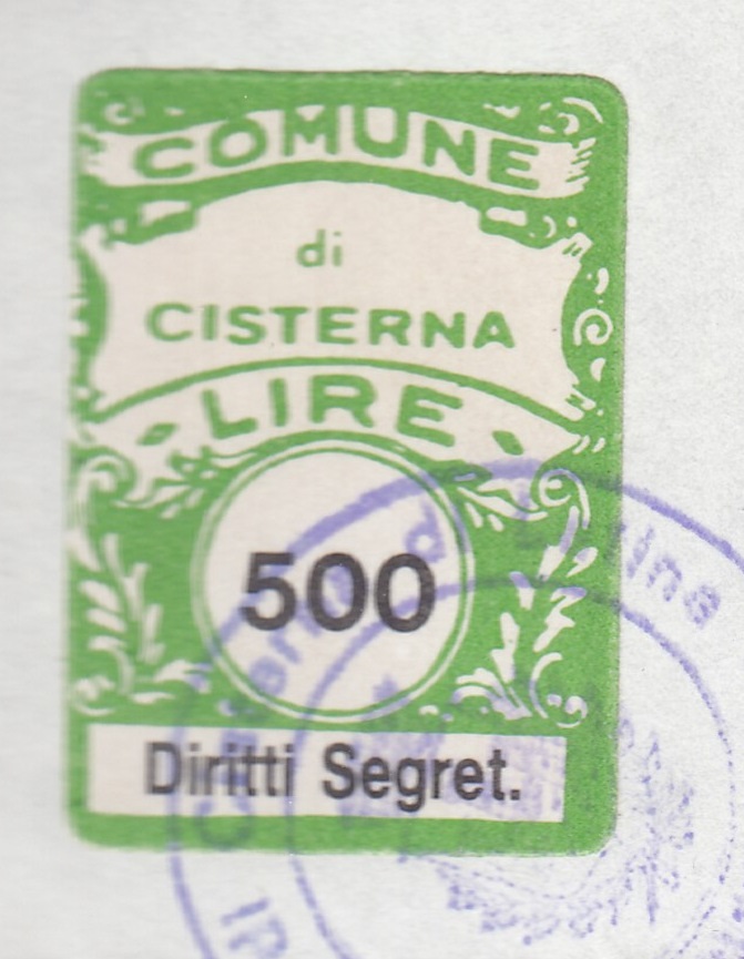 Marca da Bollo del Comune di CISTERNA DI LATINA su Carta Bianca di dimensioni 21 x 30 mm
