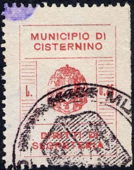 Marca da Bollo del Comune di CISTERNINO su Carta Bianca di dimensioni 21,5 x 29 mm