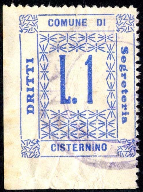 Marca da Bollo del Comune di CISTERNINO su Carta Bianca Sottile di dimensioni 27 x 33 mm