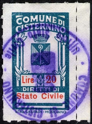 Marca da Bollo del Comune di CISTERNINO su Carta Bianca Sottile di dimensioni 17 x 29,5 mm