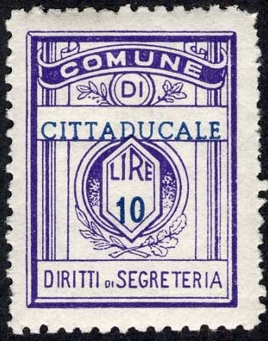 Marca da Bollo del Comune di CITTADUCALE su Carta Bianca di dimensioni 21 x 27,5 mm