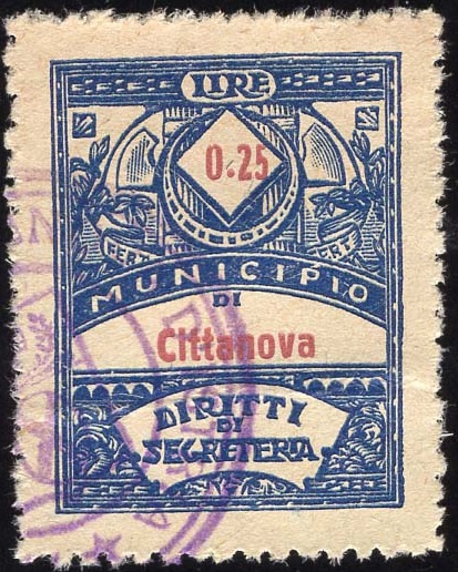 Marca da Bollo del Comune di CITTANOVA su Carta Bianca di dimensioni 28 x 35,5 mm