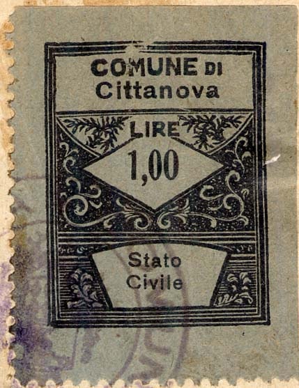Marca da Bollo del Comune di CITTANOVA su Carta Bianca Sottile di dimensioni 22,5 x 28,5 mm