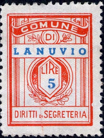 Marca da Bollo del Comune di LANUVIO su Carta Bianca di dimensioni 21,5 x 28,5 mm