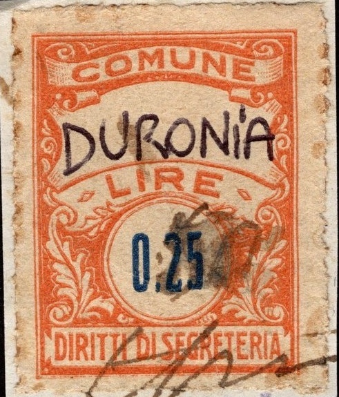 Marca da Bollo del Comune di DURONIA su Carta Bianca di dimensioni 22 x 28 mm