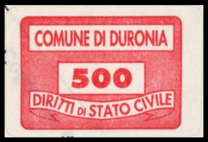Marca da Bollo del Comune di DURONIA su Carta Bianca di dimensioni 19 x 14 mm