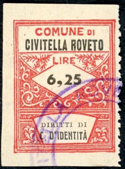 Marca da Bollo del Comune di CIVITELLA ROVETO su Carta Bianca di dimensioni 22,5 x 29 mm