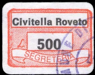 Marca da Bollo del Comune di CIVITELLA ROVETO su Carta Bianca di dimensioni 19,5 x 13,5 mm