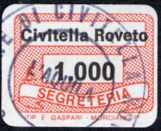 Marca da Bollo del Comune di CIVITELLA ROVETO su Carta Bianca di dimensioni 19 x 14 mm
