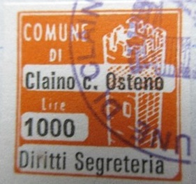 Marca da Bollo del Comune di CLAINO CON OSTENO su Carta Bianca di dimensioni 20 x 20 mm