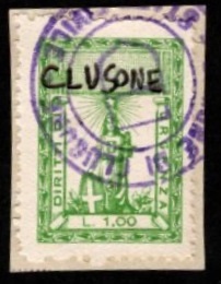 Marca da Bollo del Comune di CLUSONE su Carta Bianca di dimensioni 20,5 x 29 mm