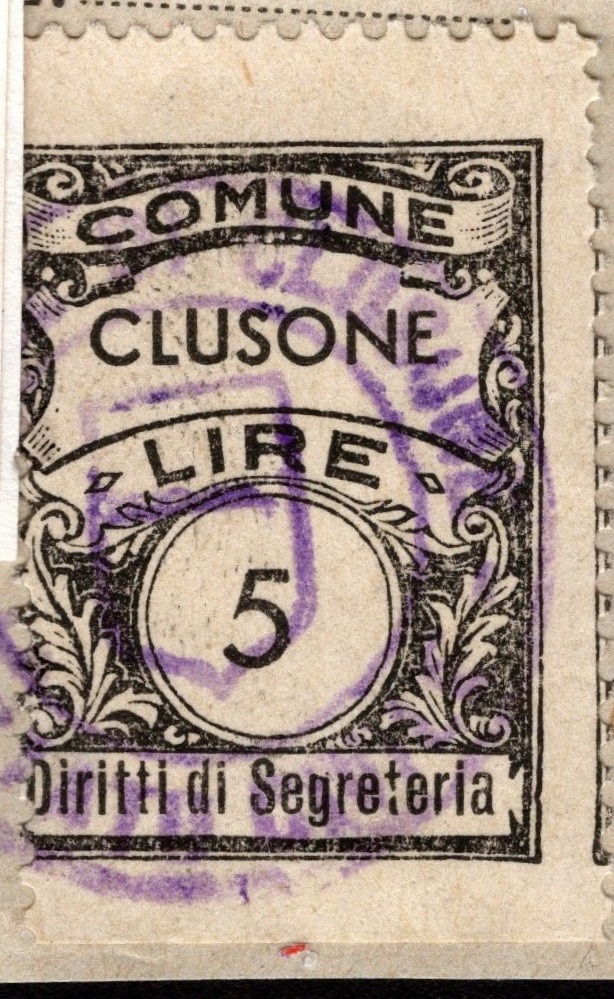 Marca da Bollo del Comune di CLUSONE su Carta Bianca di dimensioni 22 x 29 mm