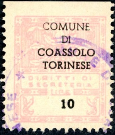 Marca da Bollo del Comune di COASSOLO TORINESE su Carta Bianca di dimensioni 21 x 24 mm