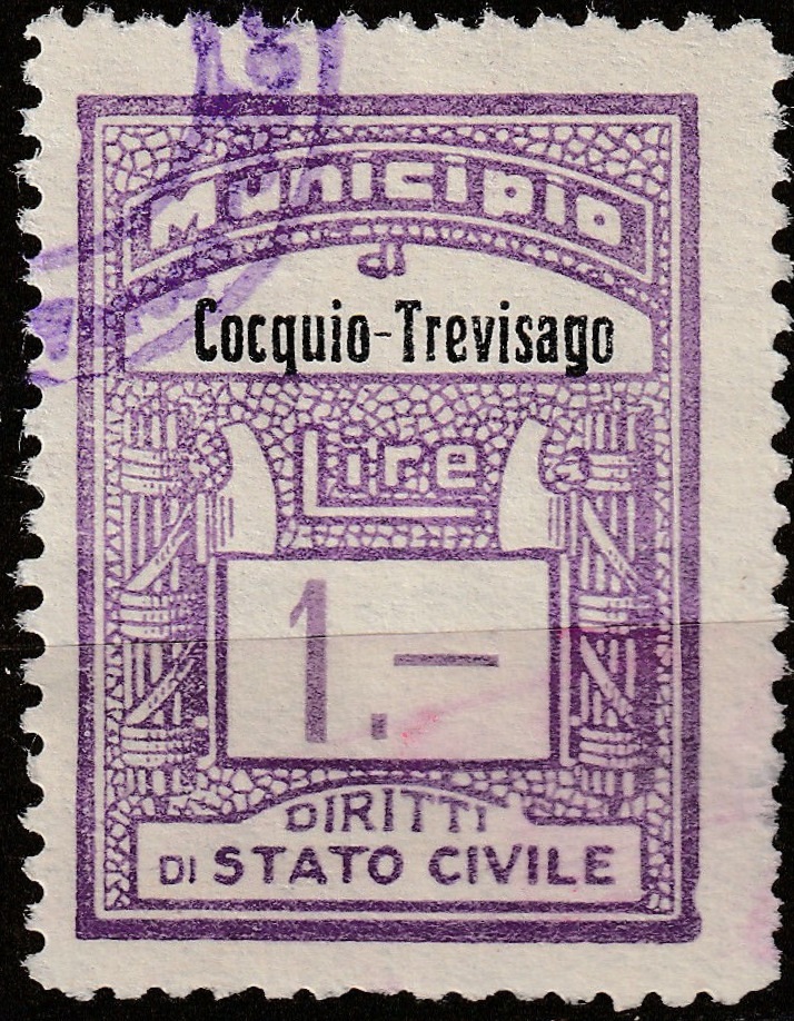 Marca da Bollo del Comune di COCQUIO TREVISAGO su Carta Bianca di dimensioni 22,5 x 29 mm