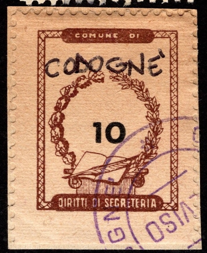 Marca da Bollo del Comune di CODOGNE´ su Carta Bianca di dimensioni 21 x 29 mm