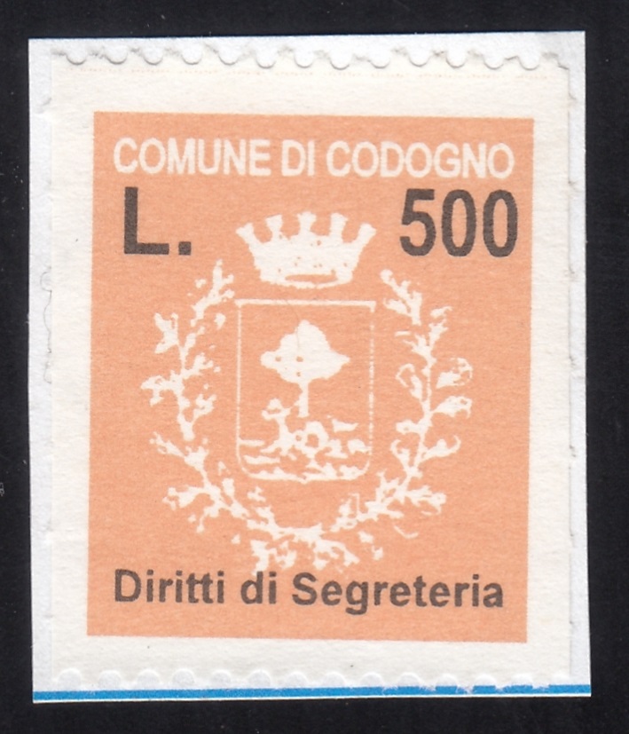Marca da Bollo del Comune di CODOGNE´ su Carta Bianca di dimensioni 18 x 23 mm