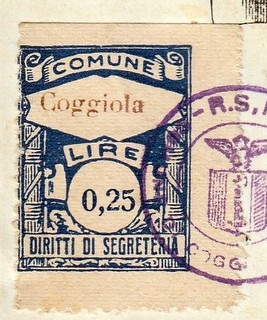 Marca da Bollo del Comune di COGGIOLA su Carta Bianca di dimensioni 21 X 27 mm