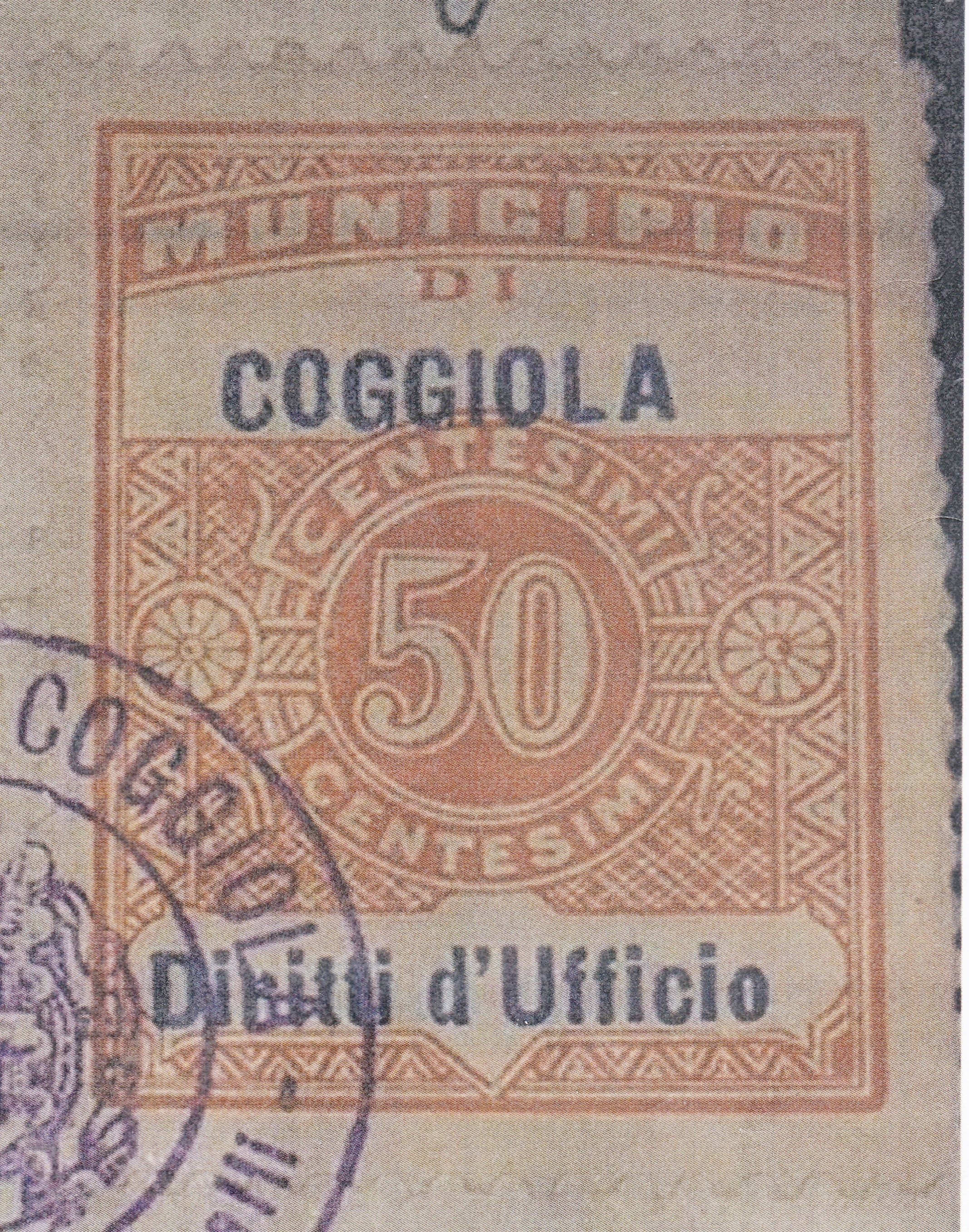 Marca da Bollo del Comune di COGGIOLA su Carta Bianca di dimensioni 23 x 29 mm