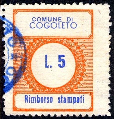 Marca da Bollo del Comune di COGOLETO su Carta Bianca Sottile di dimensioni 22,5 x 28,5 mm