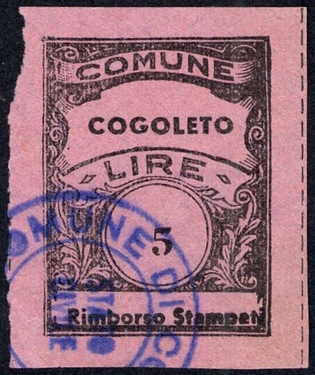 Marca da Bollo del Comune di COGOLETO su Carta Colorata di dimensioni 22 x 29,5 mm