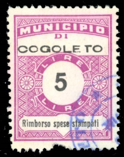 Marca da Bollo del Comune di COGOLETO su Carta Bianca Sottile di dimensioni 22,5 x 29 mm