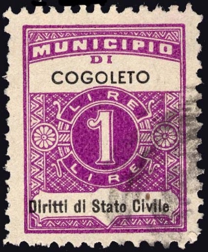 Marca da Bollo del Comune di COGOLETO su Carta Bianca Sottile di dimensioni 22,5 x 29 mm