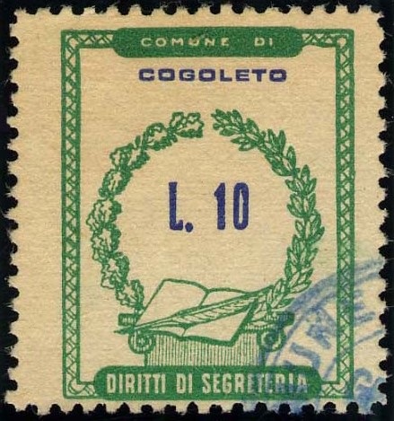 Marca da Bollo del Comune di COGOLETO su Carta Bianca di dimensioni 22,5 x 29 mm