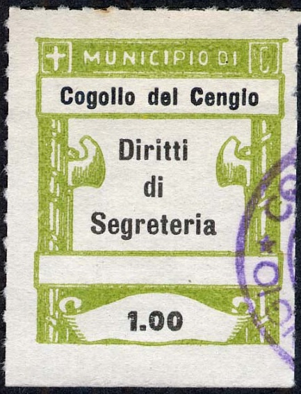 Marca da Bollo del Comune di COGOLLO DEL CENGIO su Carta Bianca Sottile di dimensioni 25 x 30,5 mm