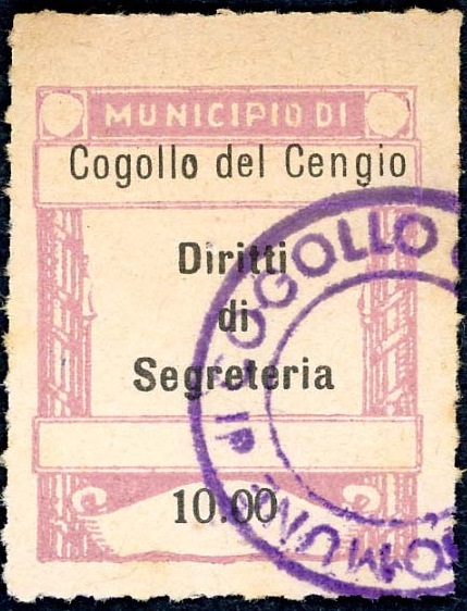 Marca da Bollo del Comune di COGOLLO DEL CENGIO su Carta Bianca di dimensioni 22,5 x 28 mm