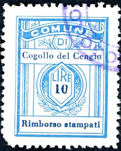 Marca da Bollo del Comune di COGOLLO DEL CENGIO su Carta Bianca di dimensioni 21,5 x 28,5 mm