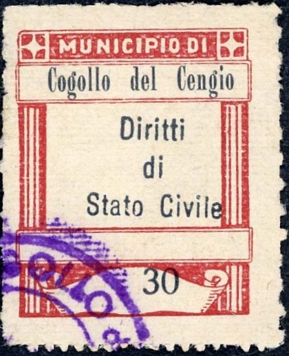 Marca da Bollo del Comune di COGOLLO DEL CENGIO su Carta Bianca di dimensioni 23 x 28 mm