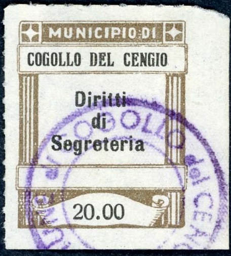 Marca da Bollo del Comune di COGOLLO DEL CENGIO su Carta Bianca di dimensioni 23 x 28 mm