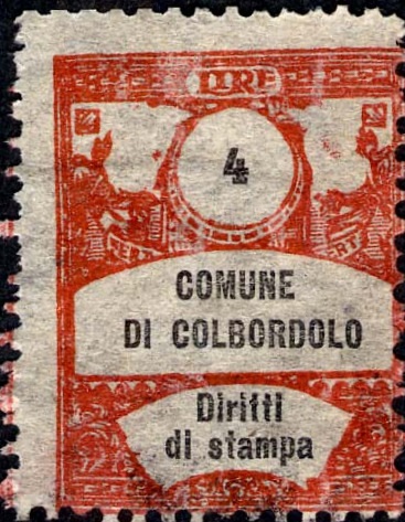 Marca da Bollo del Comune di COLBORDOLO su Carta Bianca Sottile di dimensioni 21,5 x 28,5 mm