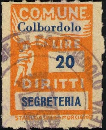Marca da Bollo del Comune di COLBORDOLO su Carta Bianca di dimensioni 18,5 x 26 mm