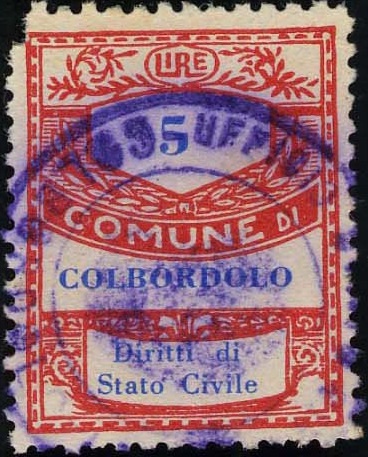 Marca da Bollo del Comune di COLBORDOLO su Carta Bianca di dimensioni 21,5 x 28 mm